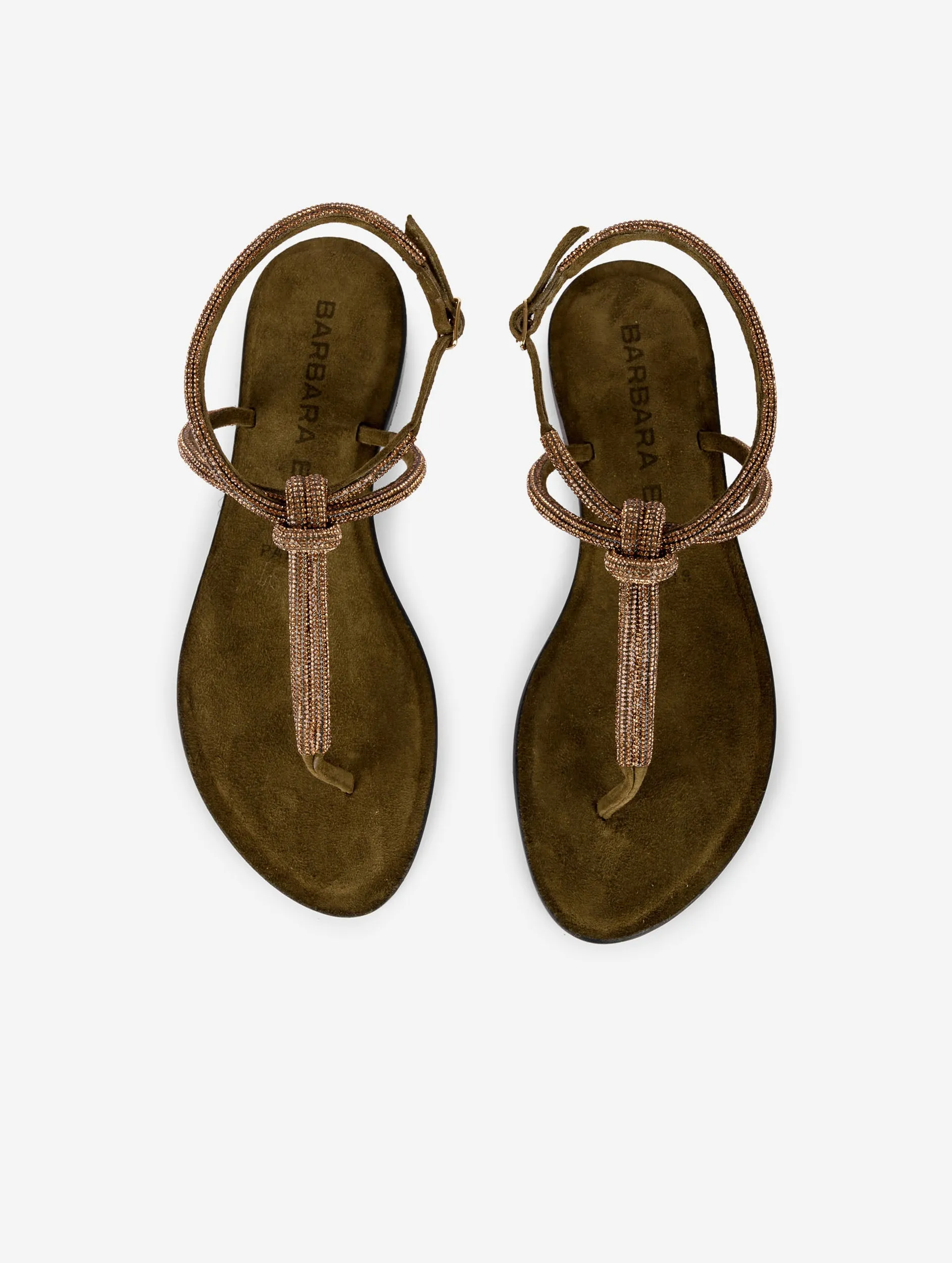 Rhinestone olive green suede sandals