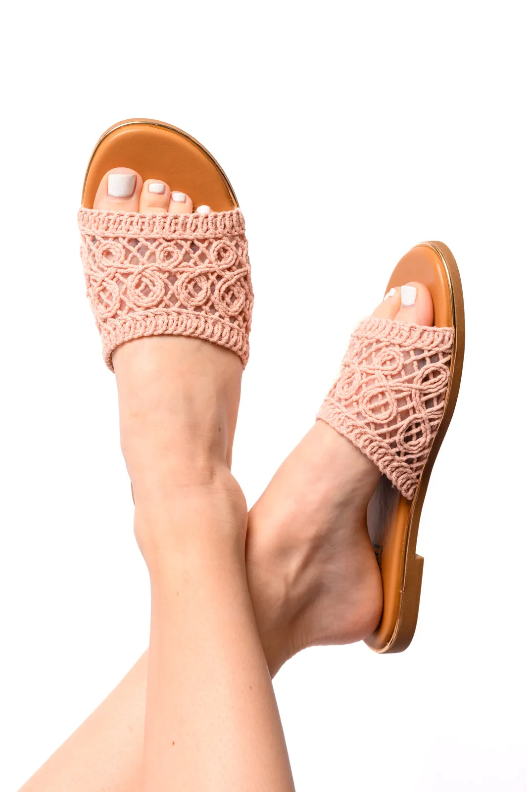 Rudy Beach Sandals - Pink, Crochet Strap, Cushioned Insole, Slip-On