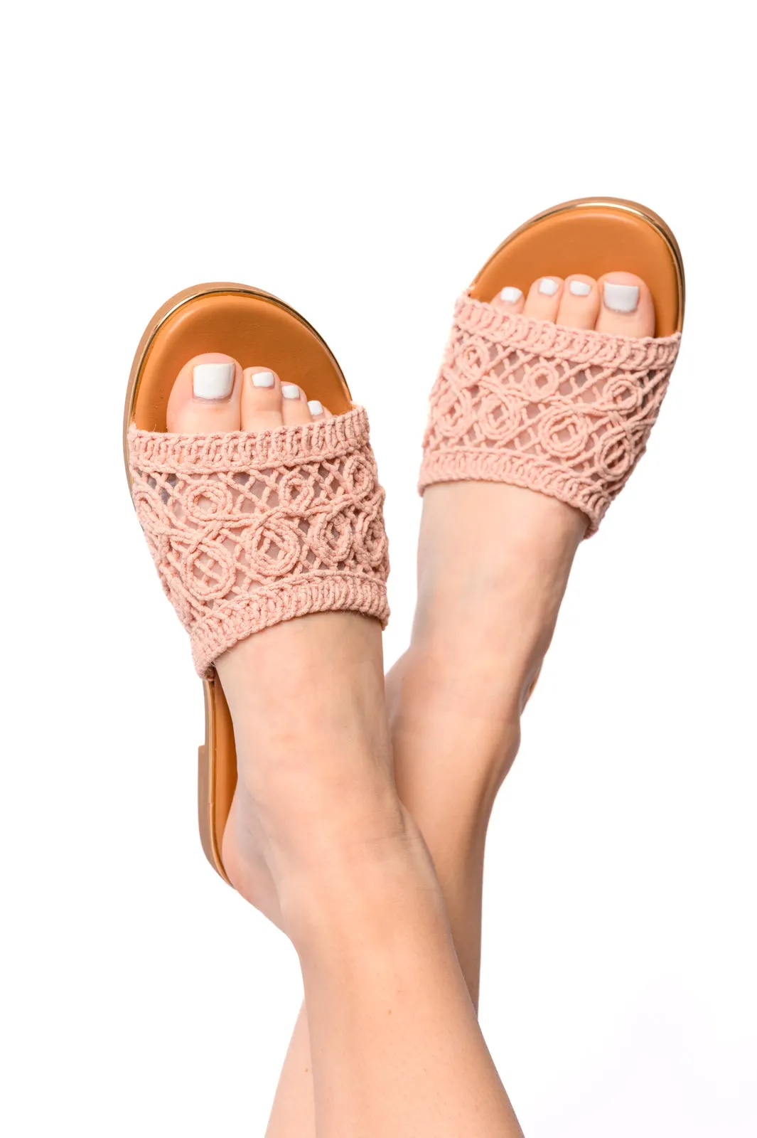 Rudy Beach Sandals - Pink, Crochet Strap, Cushioned Insole, Slip-On