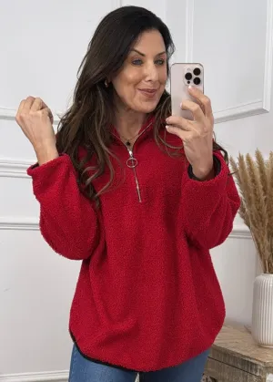 Ruth Red Teddy Half Zip Pullover