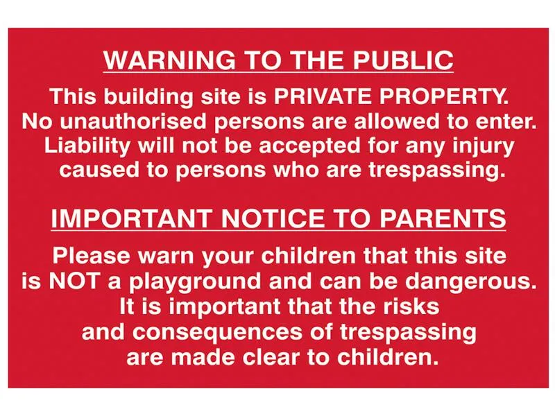Scan Building Site Warning To Public And Parents - Pvc 600 X 400Mm