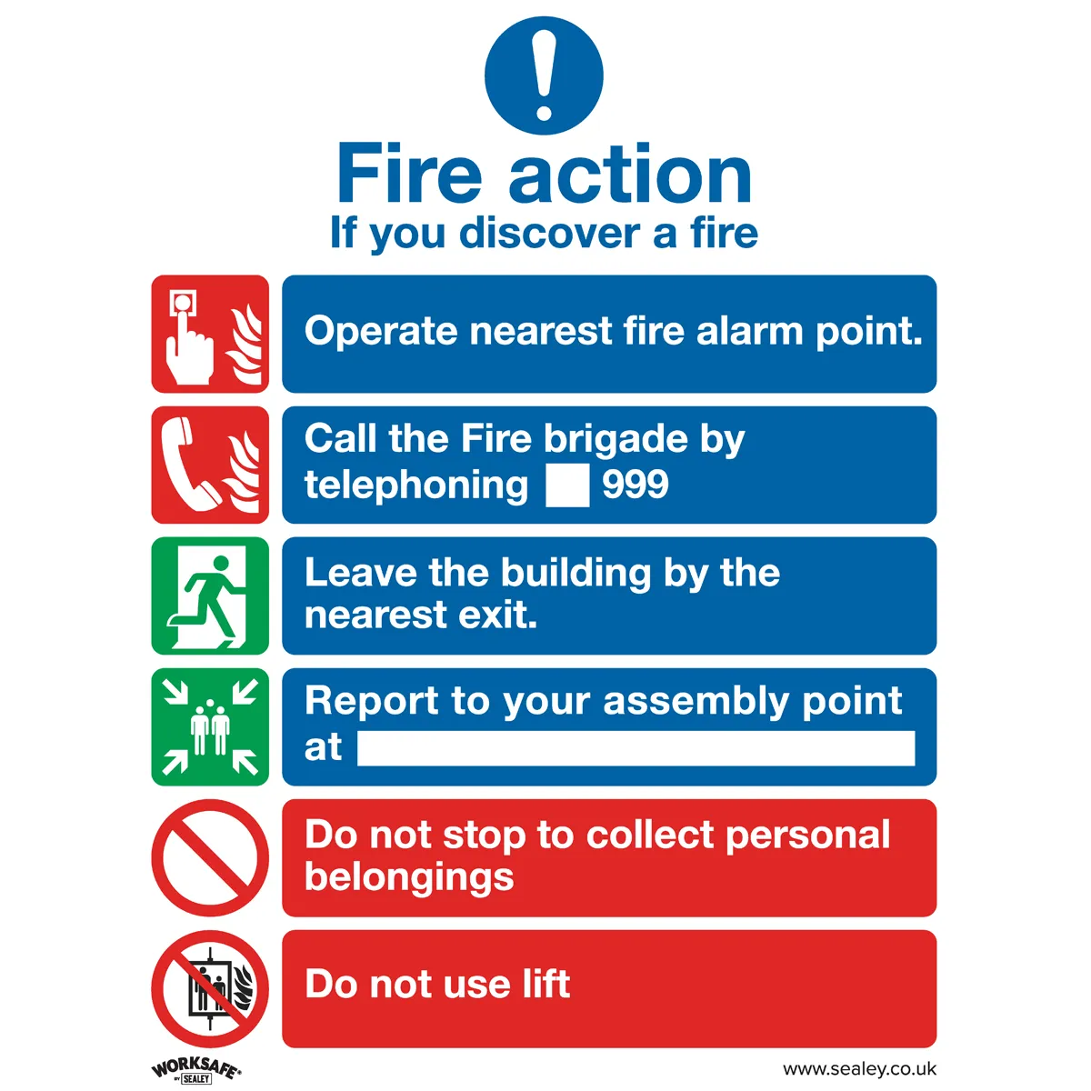 Sealey Safe Conditions Safety Sign - Fire Action With Lift - Rigid Plastic
