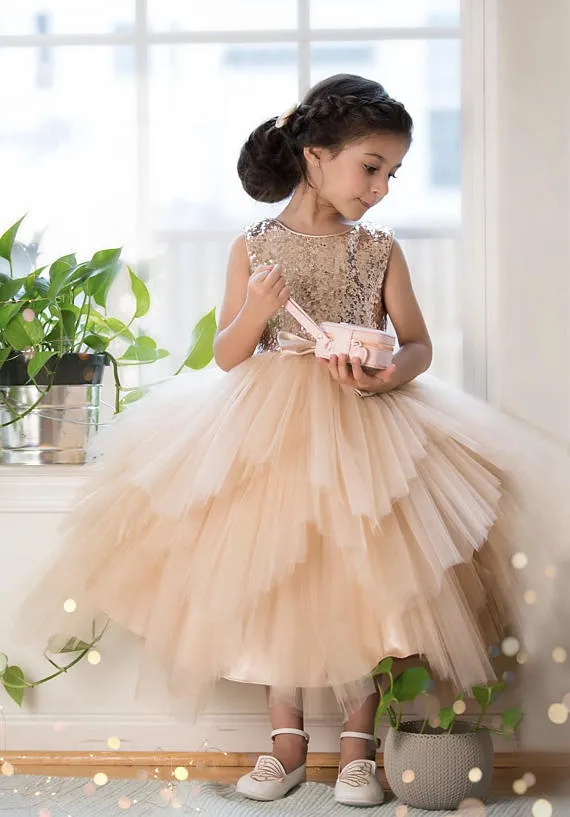 Sequin Top Rose gold Flower Girl Dress, Champagne and Ivory tutu flower girl dresses, FG0126