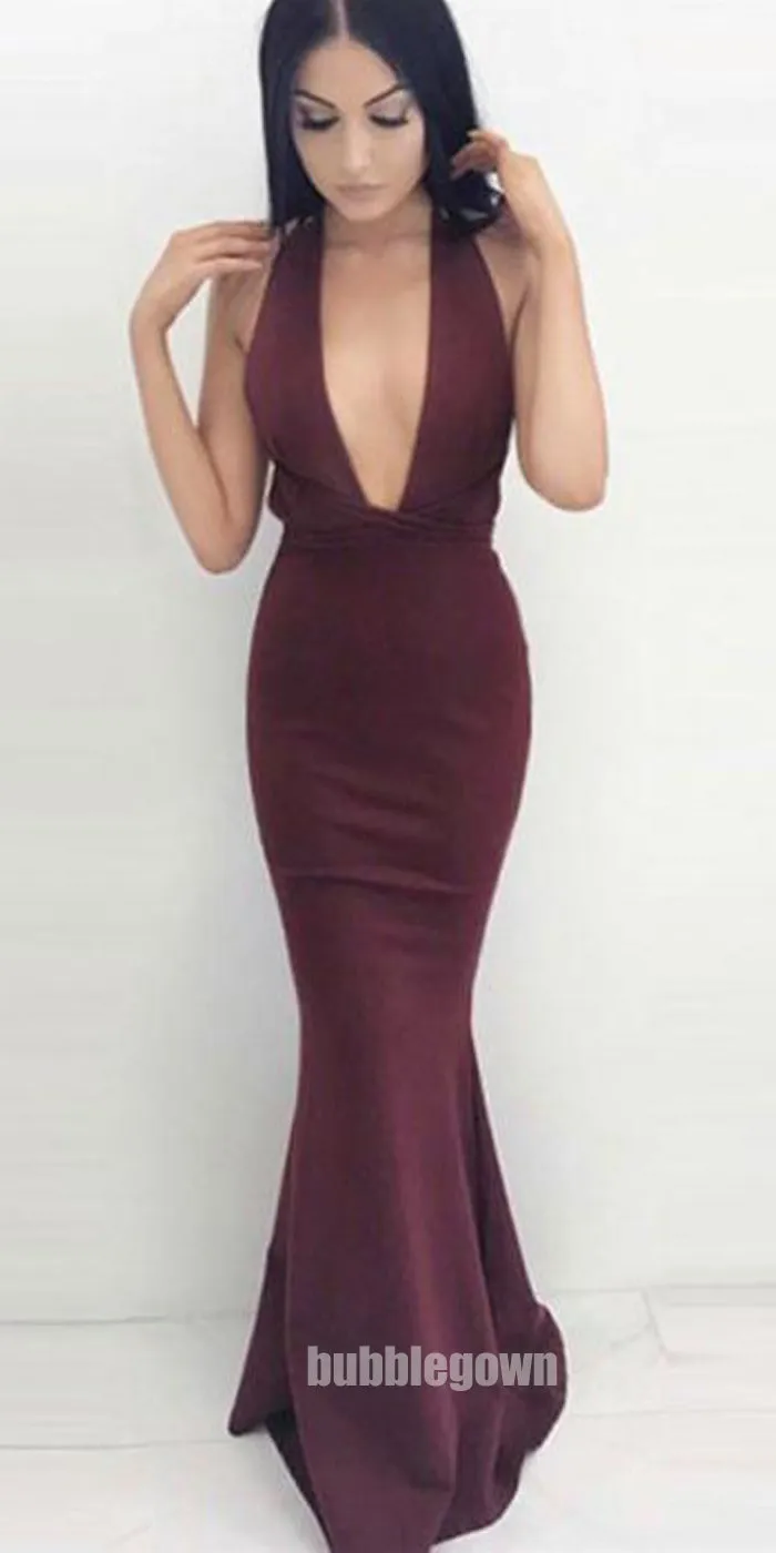 Sexy Mermaid Burgundy Deep V Neck Backless Cheap Long Prom Dresses, BGP213
