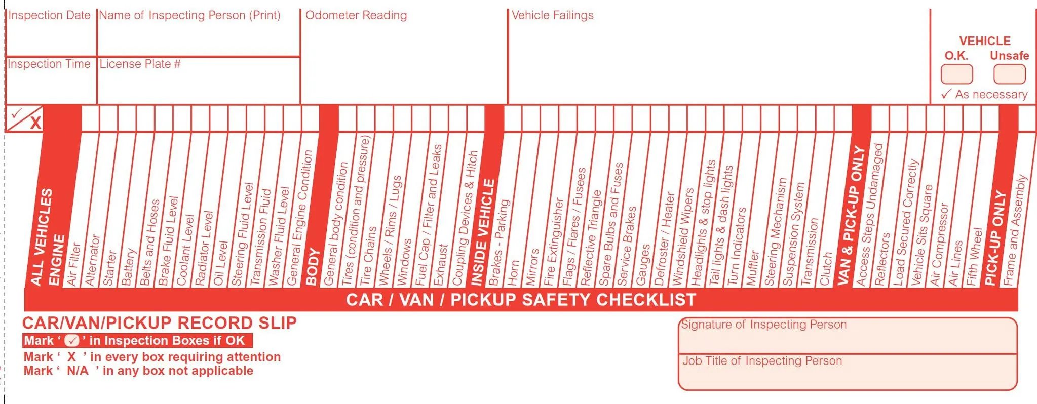 SG World Car/Van/Truck Inspection Checklist (booklets)