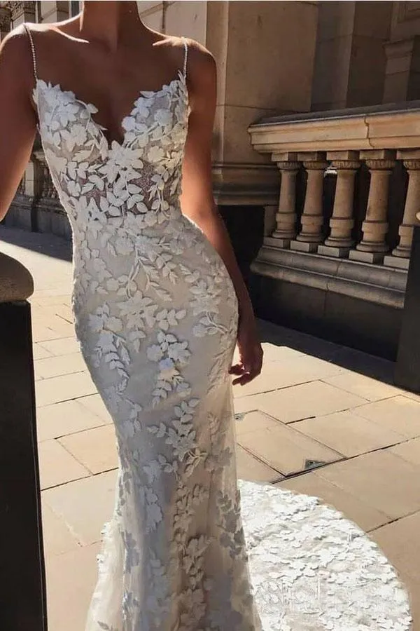 Spaghetti Straps Backless Mermaid Lace Wedding Dress With Appliques OK1112