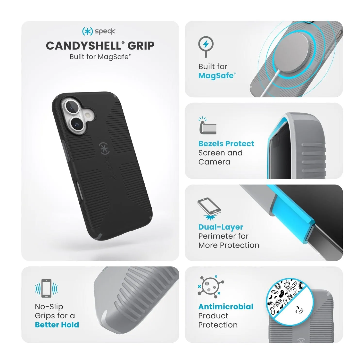 Speck Candyshell Grip MagSafe Case – Apple iPhone 16 – Black & Slate Grey