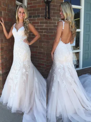 V Neck Backless Mermaid Lace Appliques Long Wedding Dresses with Train OK1727