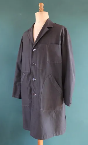 Vintage French workwear duster jacket - 1950s 60s Vetra black factory coat - 50” chest - maquignon