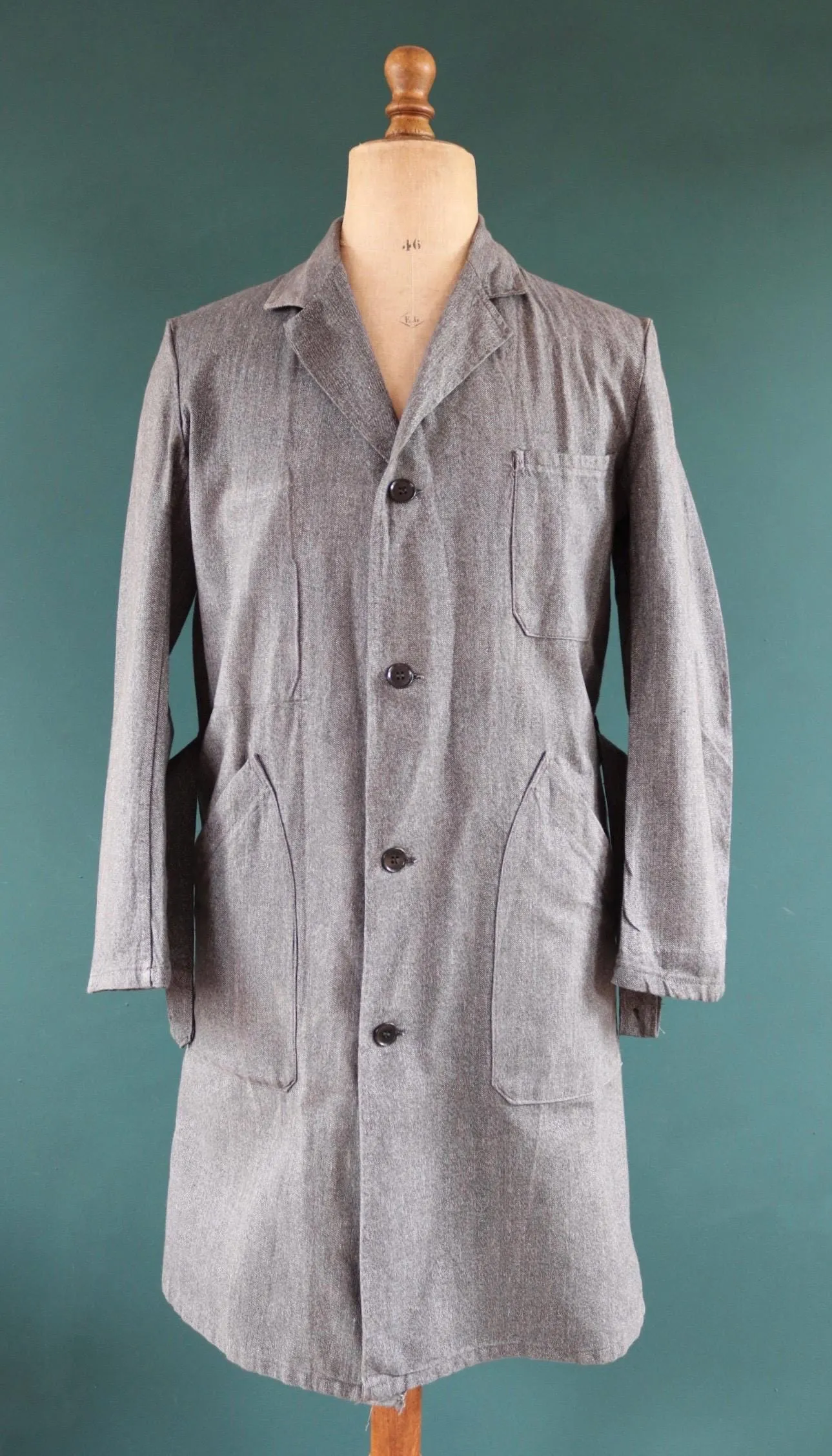 Vintage French workwear jacket - 1950s 60s salt pepper grey overalls - selvedge cotton - long factory coat - 44” chest