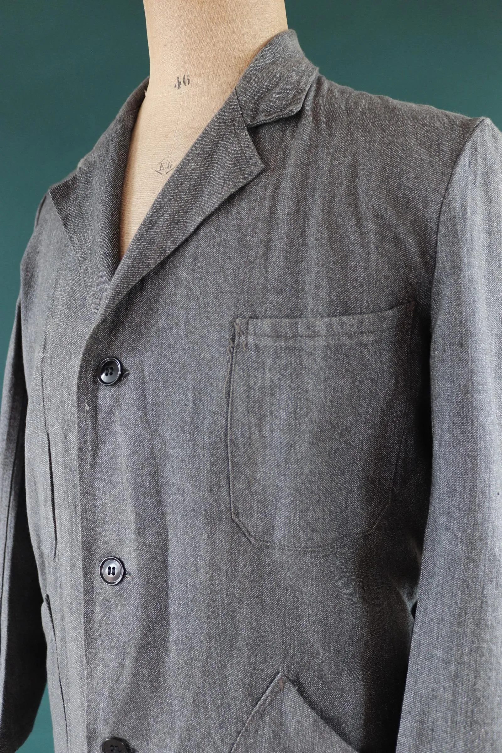 Vintage French workwear jacket - 1950s 60s salt pepper grey overalls - selvedge cotton - long factory coat - 44” chest