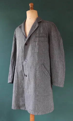 Vintage French workwear jacket - 1950s 60s selvedge overalls - salt pepper grey long belted coat - 49” chest