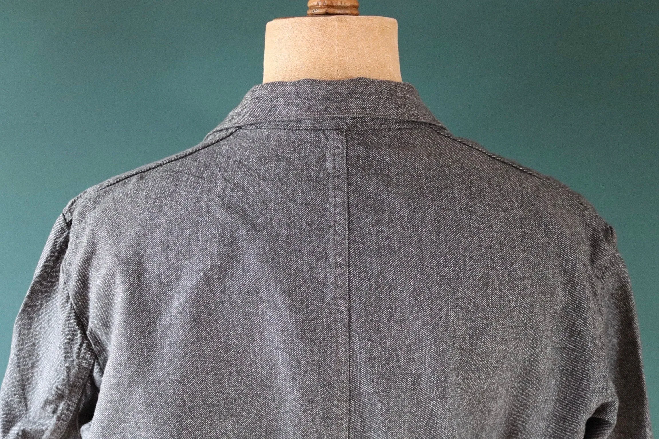Vintage French workwear jacket - 1950s 60s selvedge overalls - salt pepper grey long belted coat - 49” chest