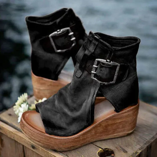 Wedge Sandals with Buckle Detail and Ankle Strap