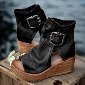 Wedge Sandals with Buckle Detail and Ankle Strap