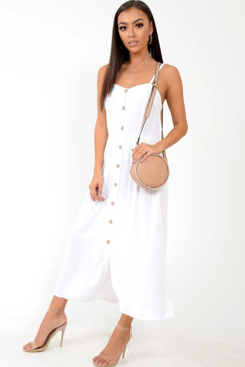 White Strappy Button Down Midi Dress - Shaelee